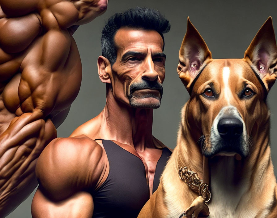 Bearded muscular man posing with attentive brown dog