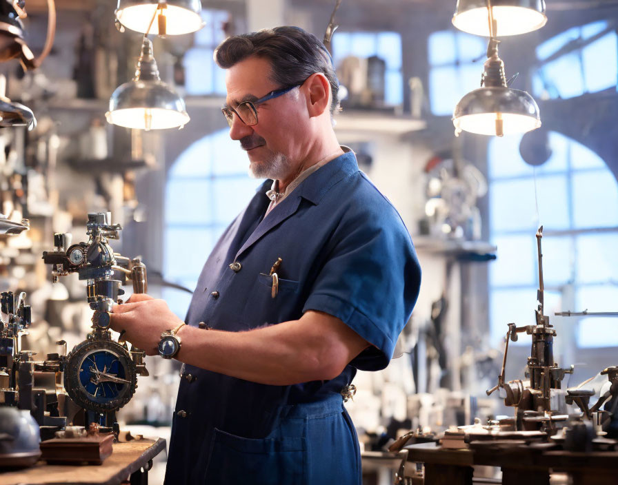 Man in Blue Shirt Working in Workshop with Machinery and Lights