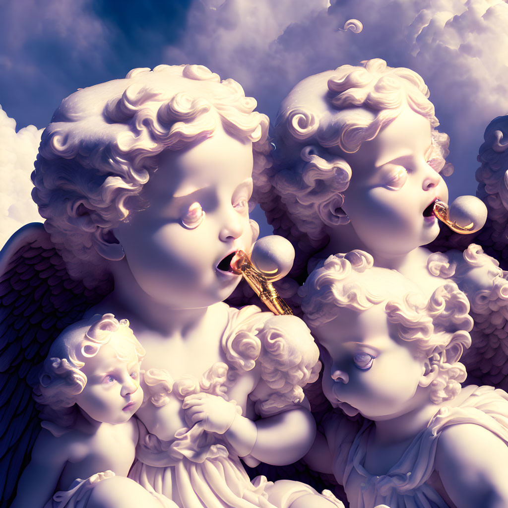 Cherubic winged figures blowing trumpets in celestial clouds