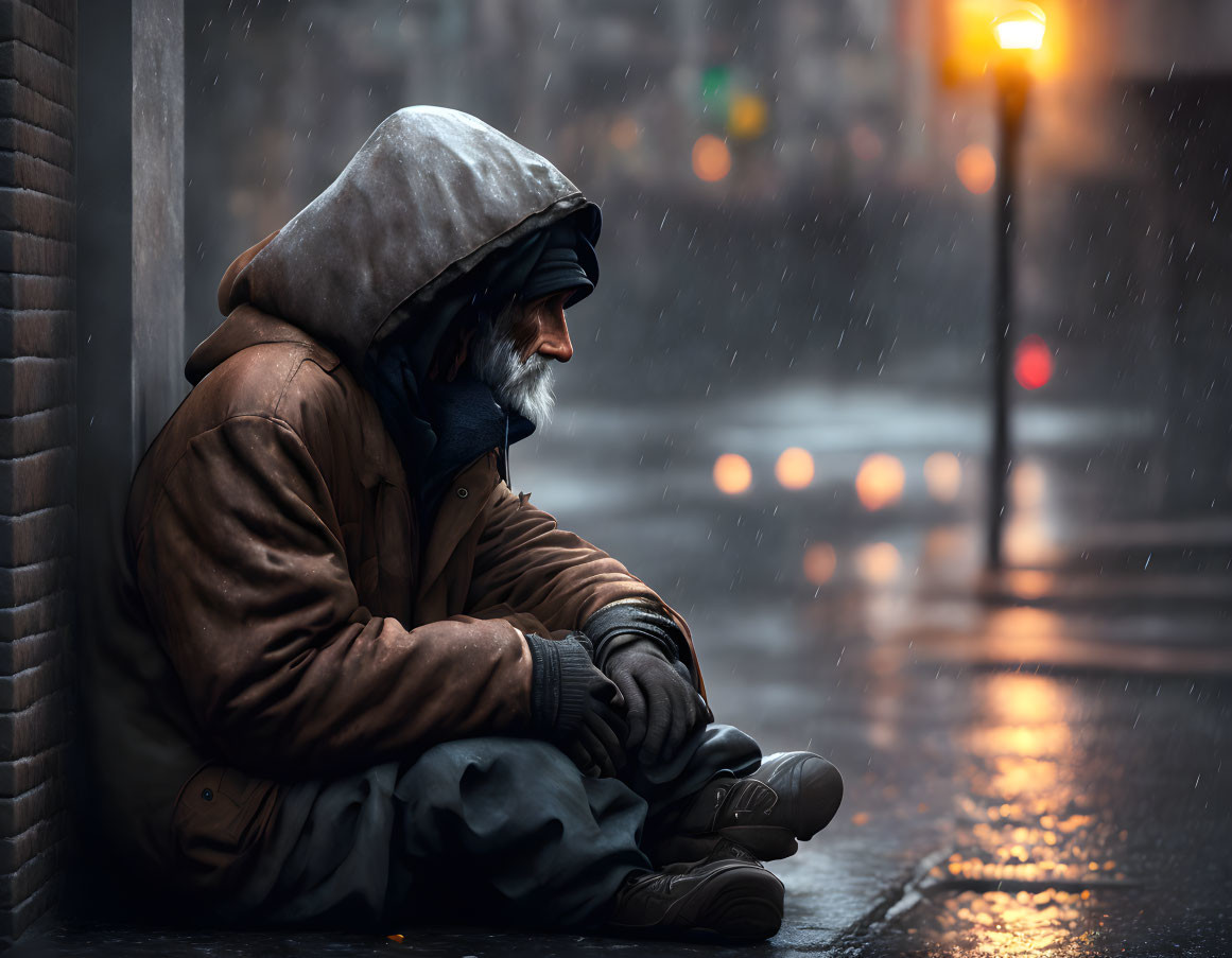 Bearded person in hooded coat sitting on wet street at night in warm streetlight glow.