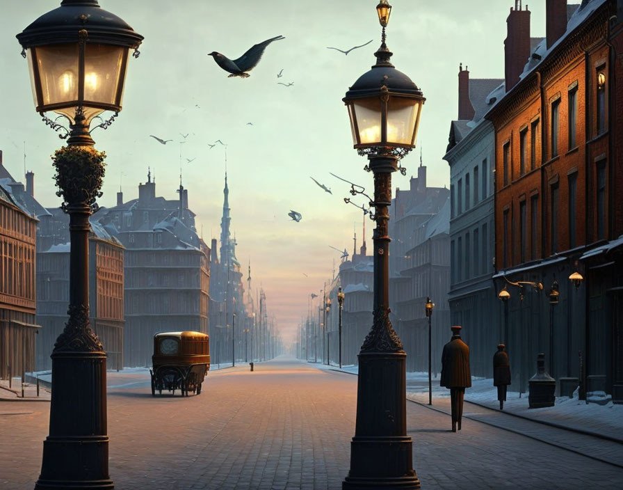 Vintage street lamps illuminate cobblestone street at dusk with traditional buildings, horse-drawn carriage, and