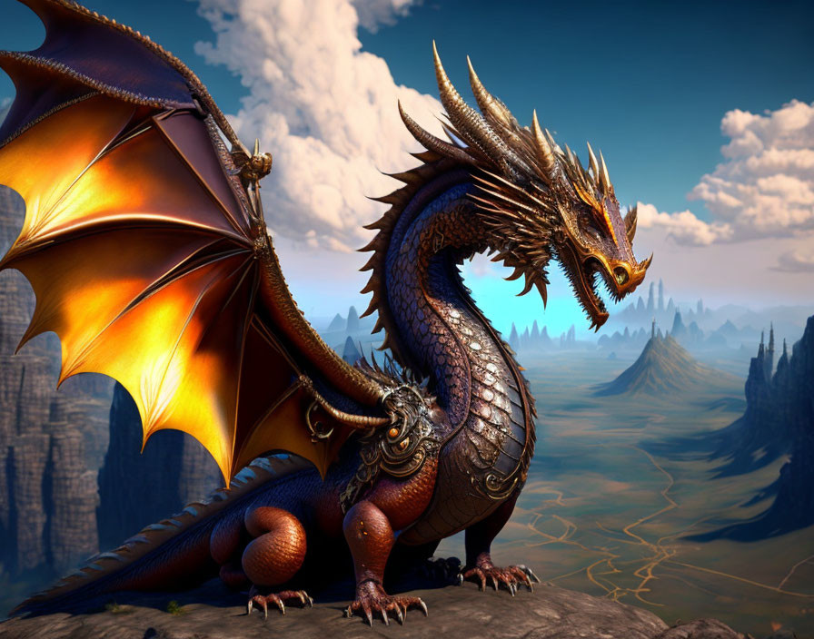 Bronze dragon perched on cliff in mountain landscape