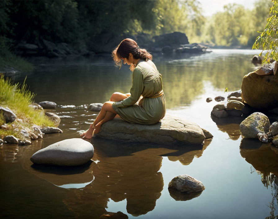 Person sitting on rock by tranquil river surrounded by greenery