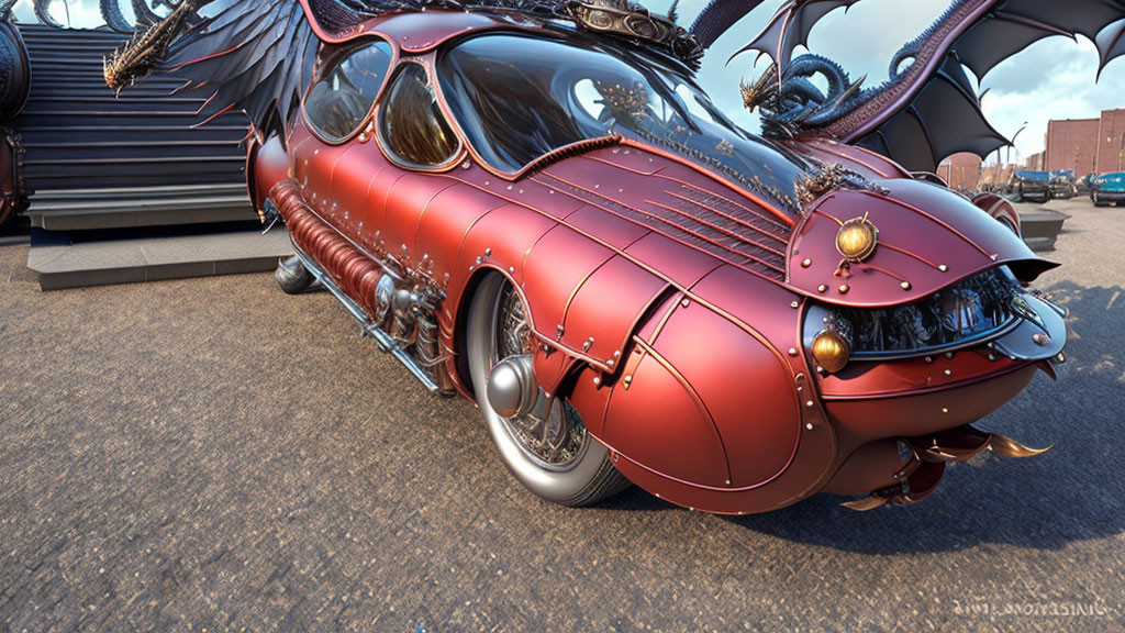 Detailed Organic Red Beetle Vehicle with Mechanical Wings Outdoors