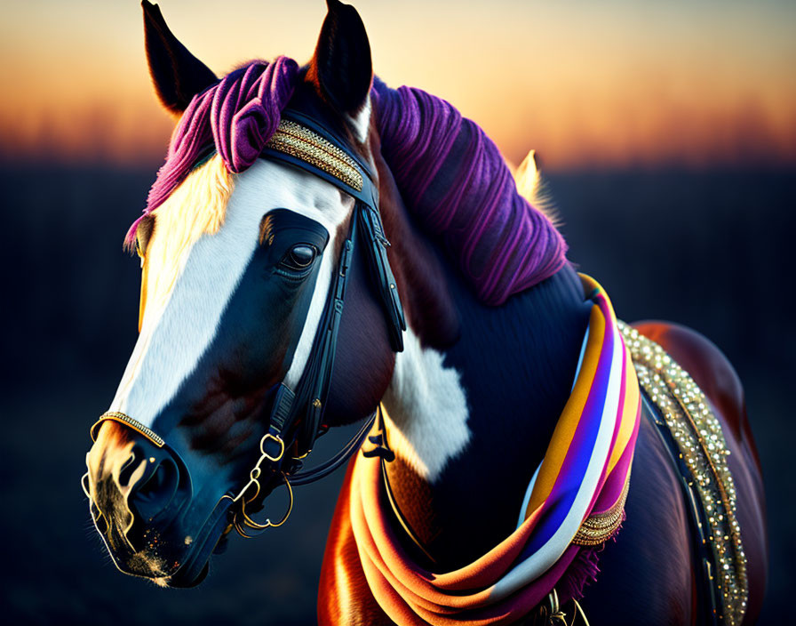 Decorated horse with purple mane and ribbons against sunset backdrop