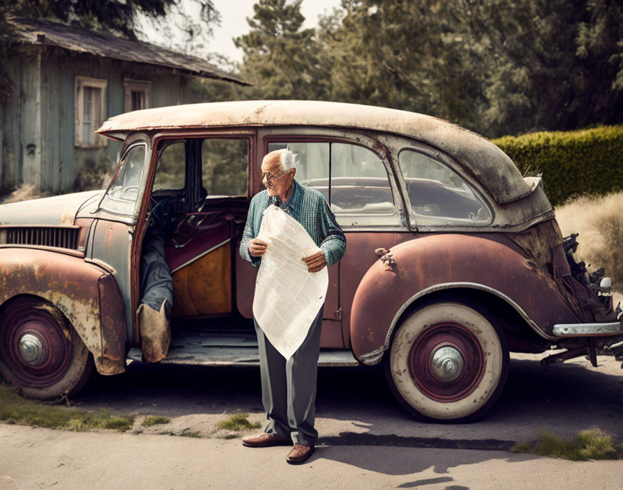 Elderly gentleman with vintage car and paper map