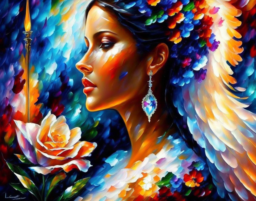 Colorful painting of woman with angel wings, sword, rose, and earring