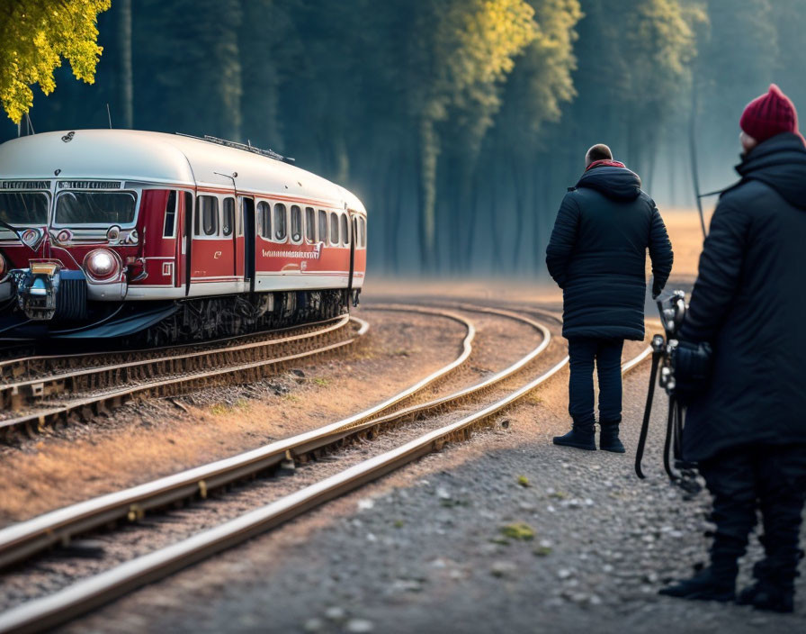 Vintage train on curved track in forest with two people viewing.