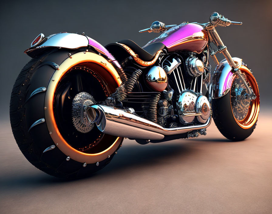 Custom Chromed Motorcycle with Iridescent Paint and Large Rear Wheel