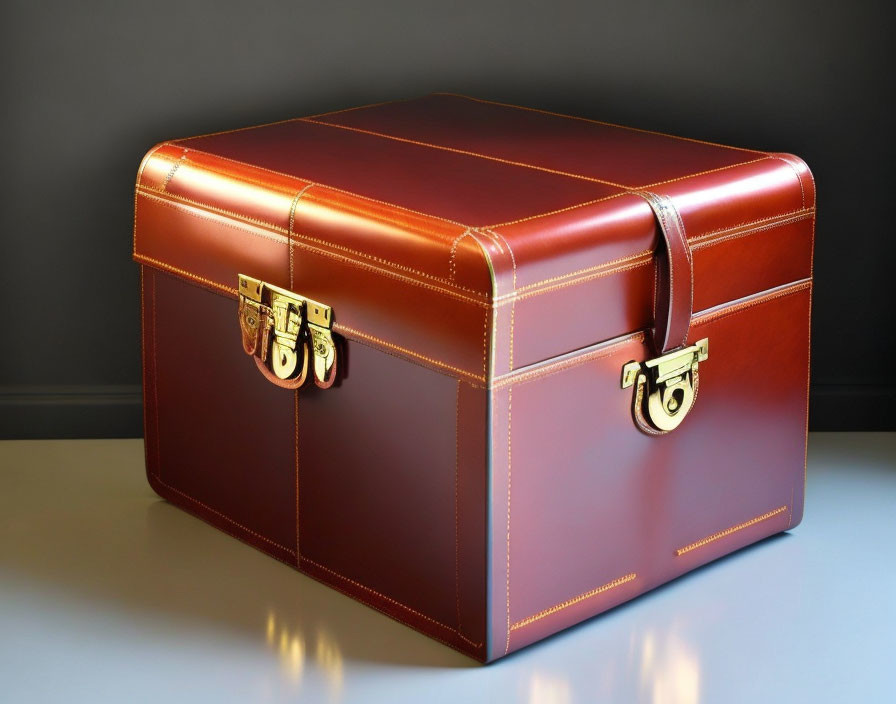 Brown Leather Briefcase with Golden Clasps on Reflective Surface