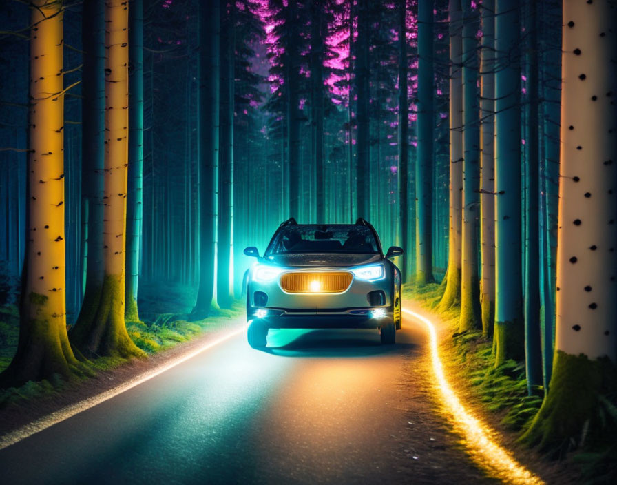 Car with Glowing Headlights in Neon-Lit Forest Path at Twilight