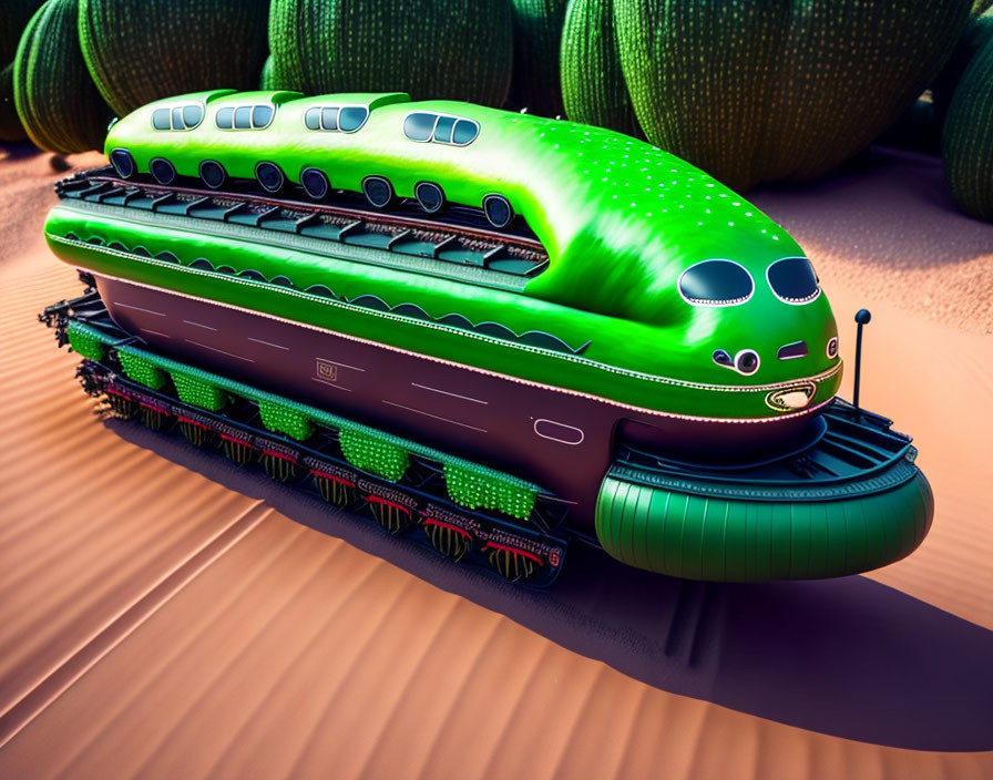 Futuristic green hover train above sandy terrain with oval windows