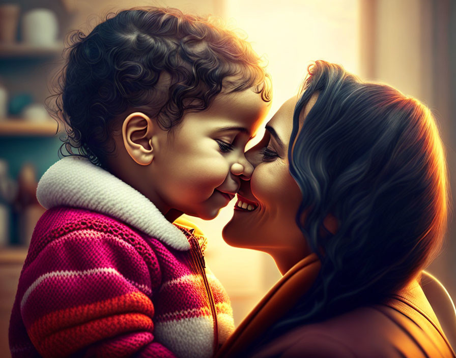 Curly-Haired Toddler and Mother Embrace in Heartwarming Moment