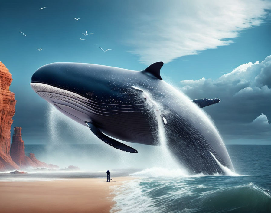 Gigantic breaching whale dwarfs lone onlooker on beach