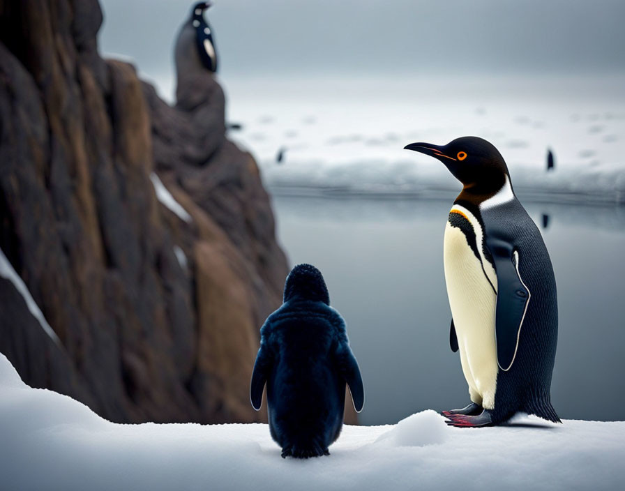 Penguins on snow: adult and chick with background penguin