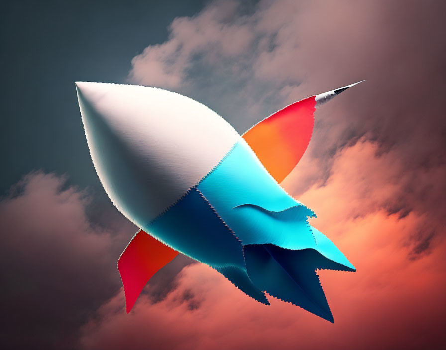 Stylized colorful rocket against cloudy sky in teal, orange, and white