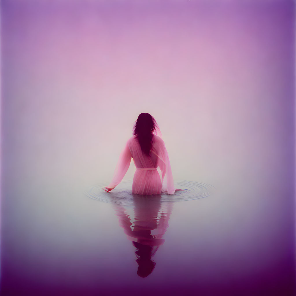 Person in Pink Dress Sitting in Water with Serene Reflection and Gradient Purple-Pink Background