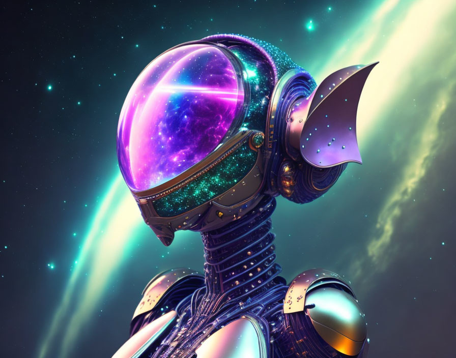 Futuristic astronaut in galaxy-patterned helmet and metallic suit against cosmic backdrop