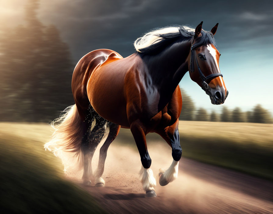 Majestic bay horse galloping on dirt track under dramatic sky