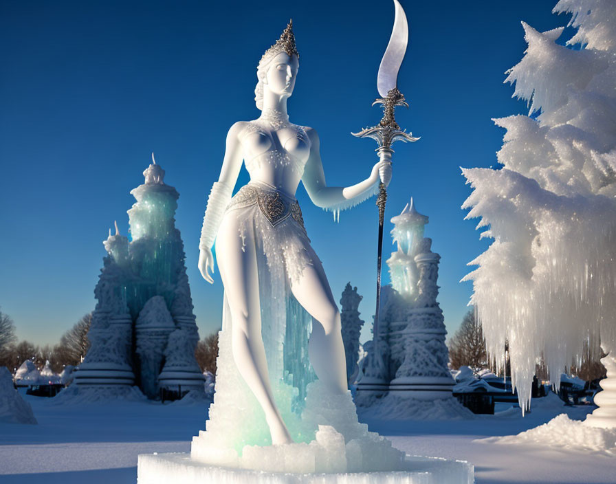 Fantasy warrior princess ice sculpture amid snowy trees