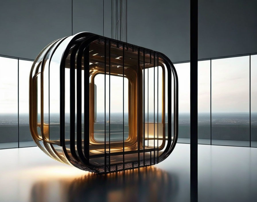 Futuristic illuminated hanging structure in glass-walled room