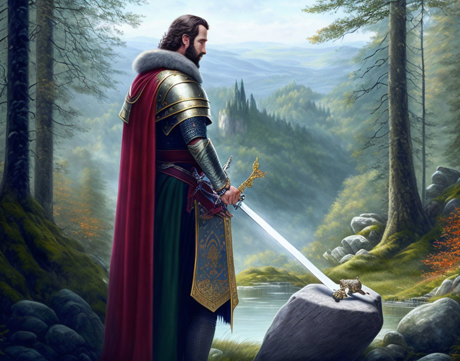 Armored figure with jeweled sword by river in forested valley