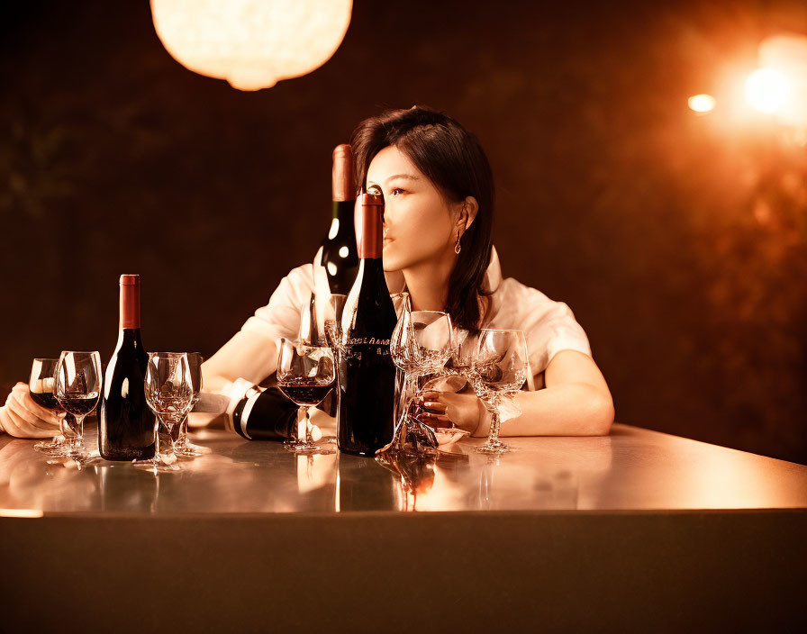 Woman sitting at bar with wine bottles and glasses under warm lighting