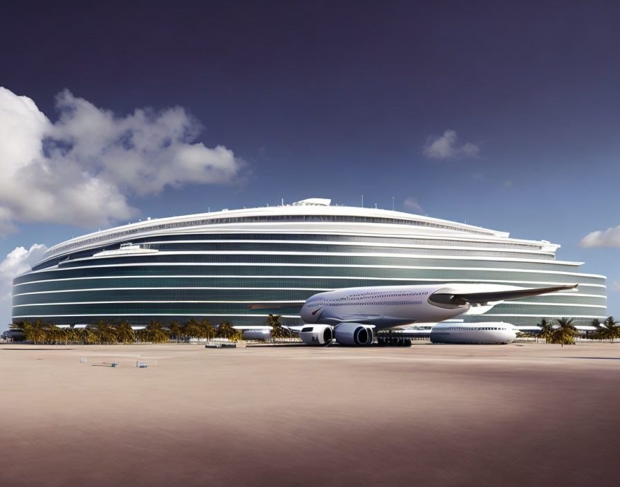 Sleek modern airport terminal with airplane, palm trees, and blue sky