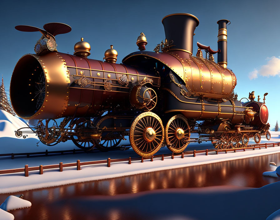 Elaborate Steampunk-Style Train on Snowy Track