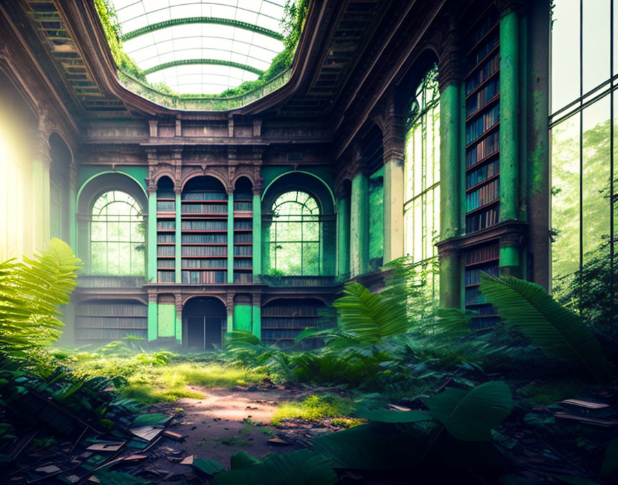 Abandoned library with overgrown greenery and glass dome ceiling