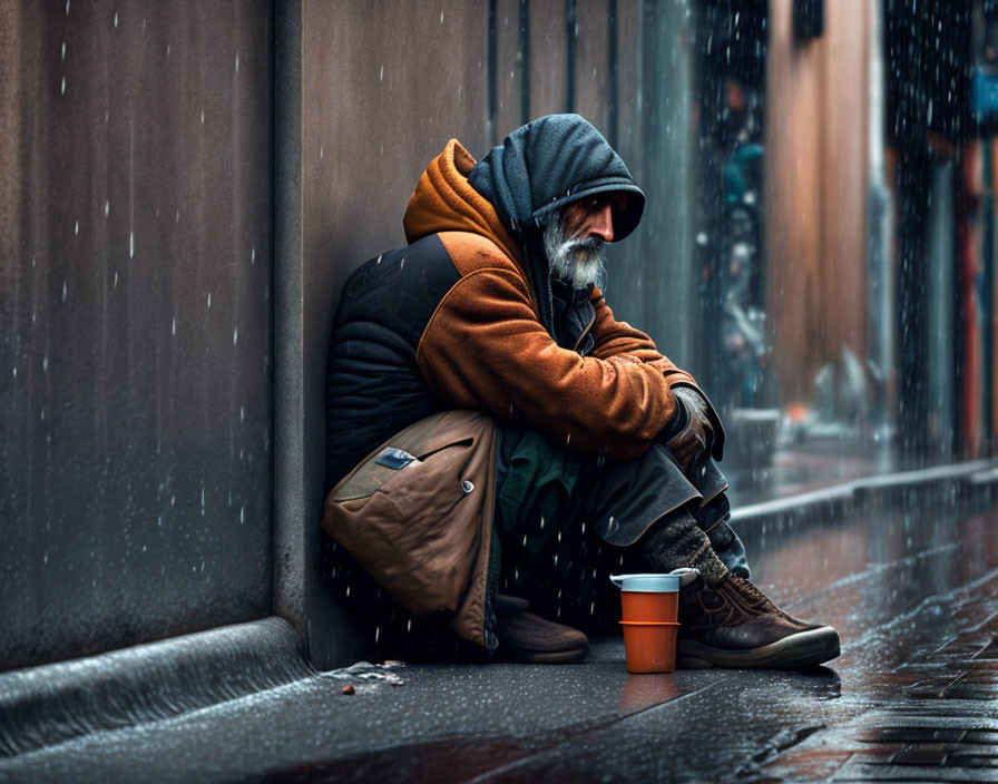 Elderly person with beard sitting in snow with cup.