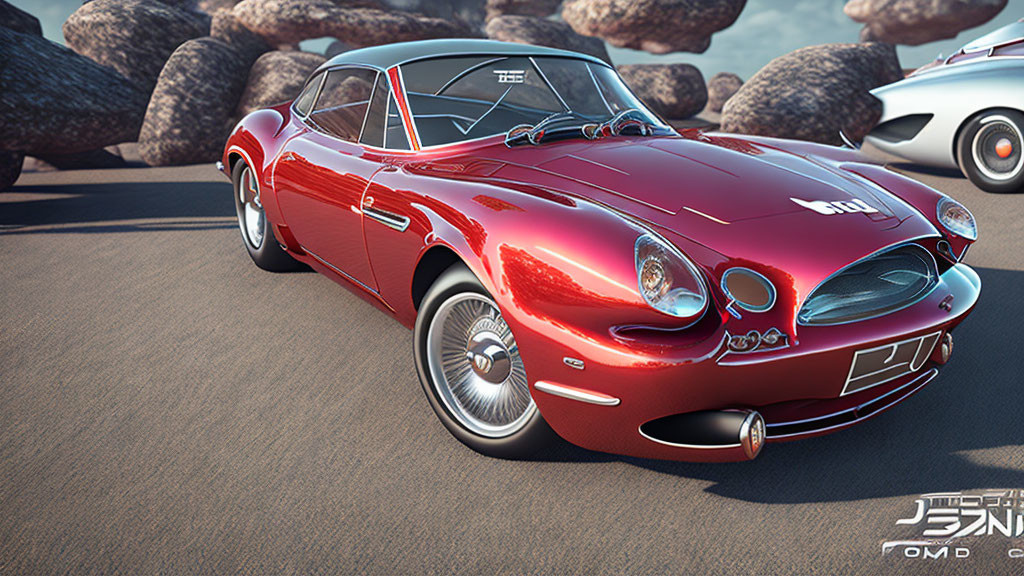 Vintage red car with chrome detailing on gravel road surrounded by boulders