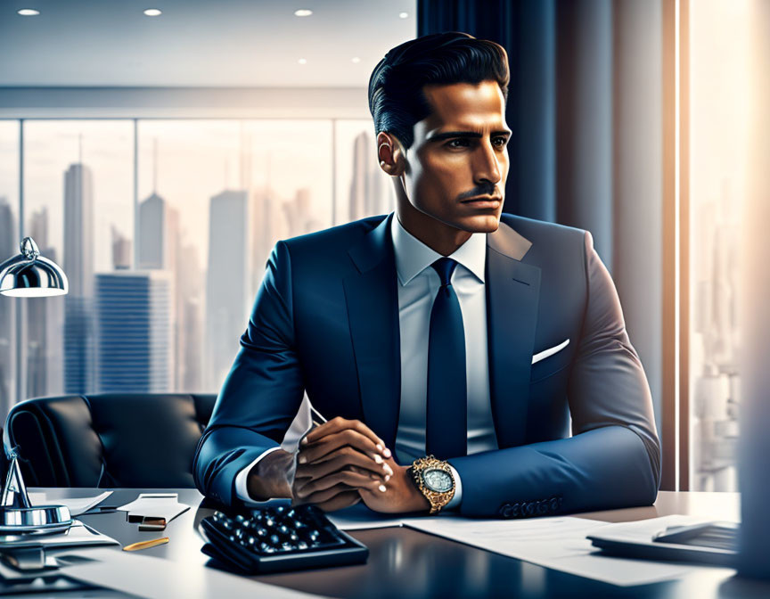 Stylized illustration of confident man in sharp suit at desk