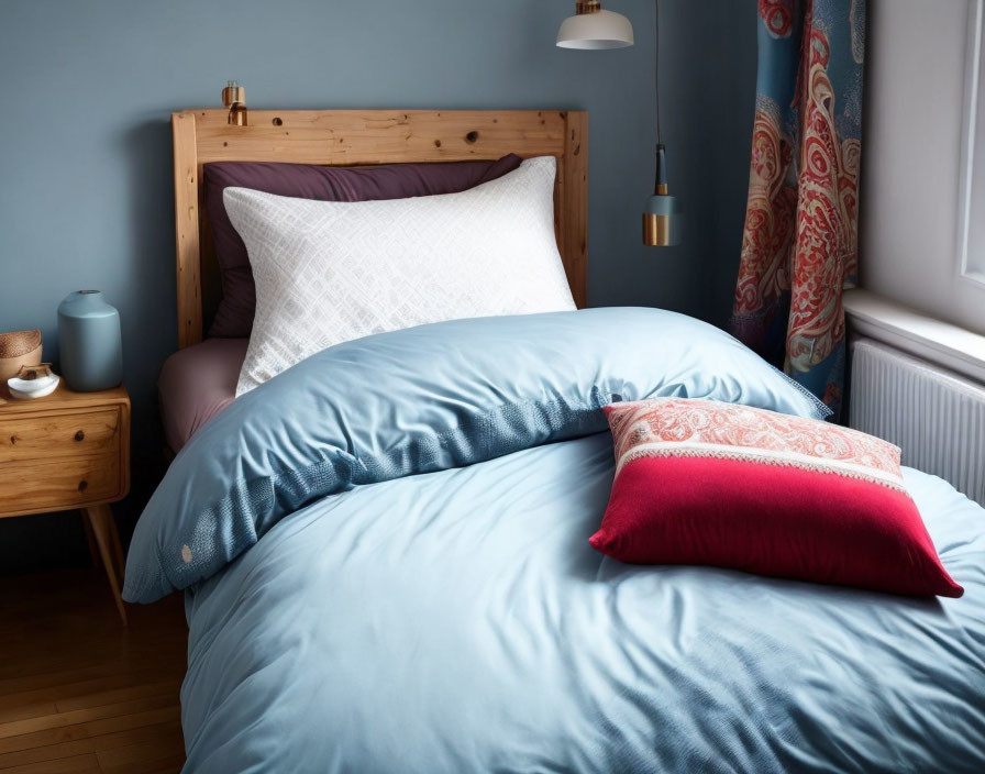 Blue and white bedding on a wooden headboard with decorative pillows and a hanging bedside lamp in a cozy