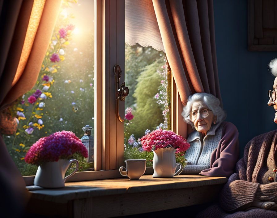 Elderly individuals chatting by window with blooming flowers