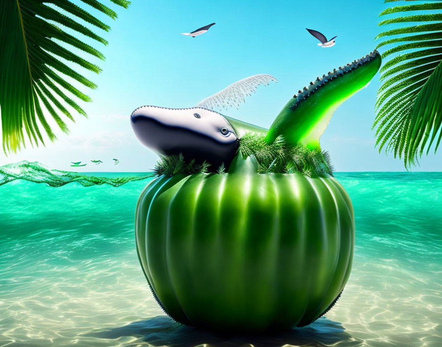 Whimsical digital artwork: Whale in watermelon sea with palm leaves