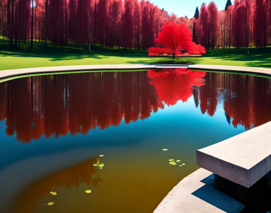 Tranquil Park with Reflective Pond and Vibrant Red Tree