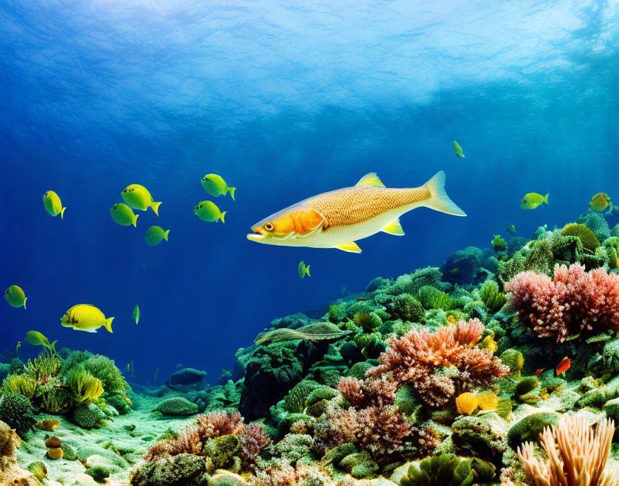 Colorful Underwater Scene with Large and Small Fish on Coral Reef