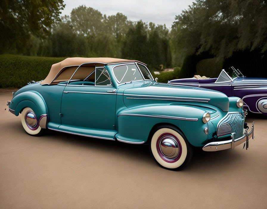 Vintage Turquoise Convertible Car with White-Wall Tires and Tan Soft-Top