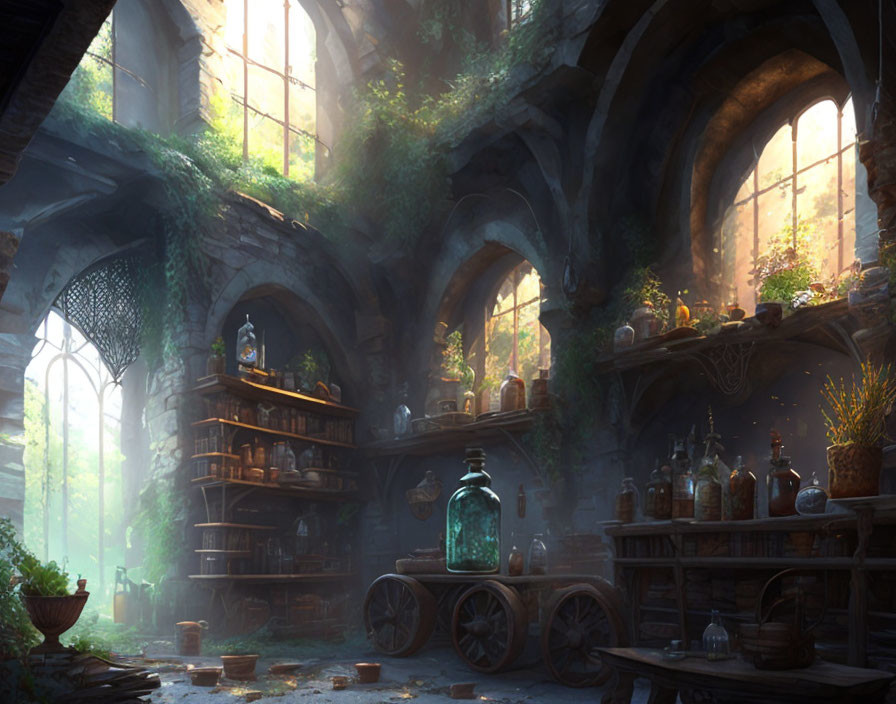 Sunlit old library with arched windows, ivy, antique bottles, and wooden furniture