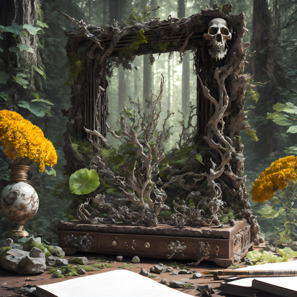 Mystical forest scene with ornate desk, skull, flowers, and globe vase