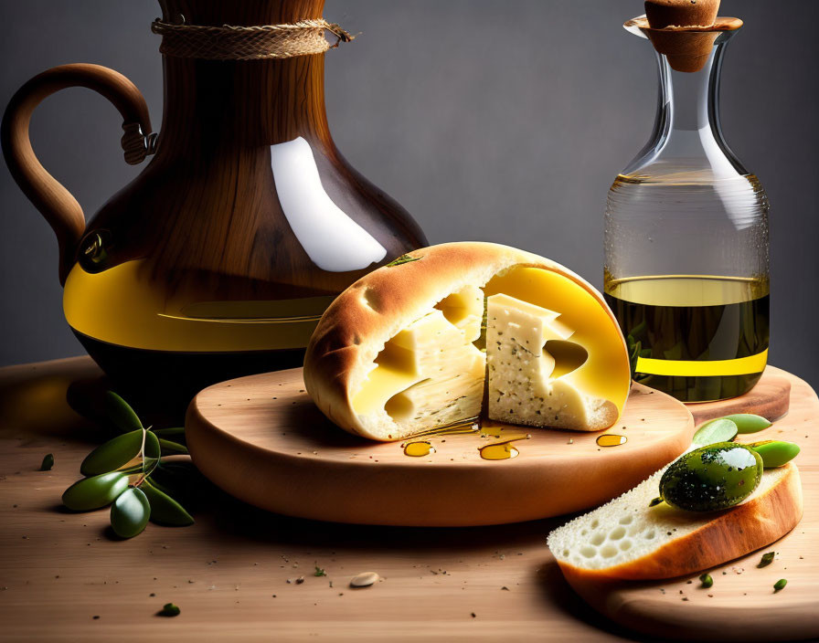 Cheese-Stuffed Bread Still Life with Olives and Olive Oil