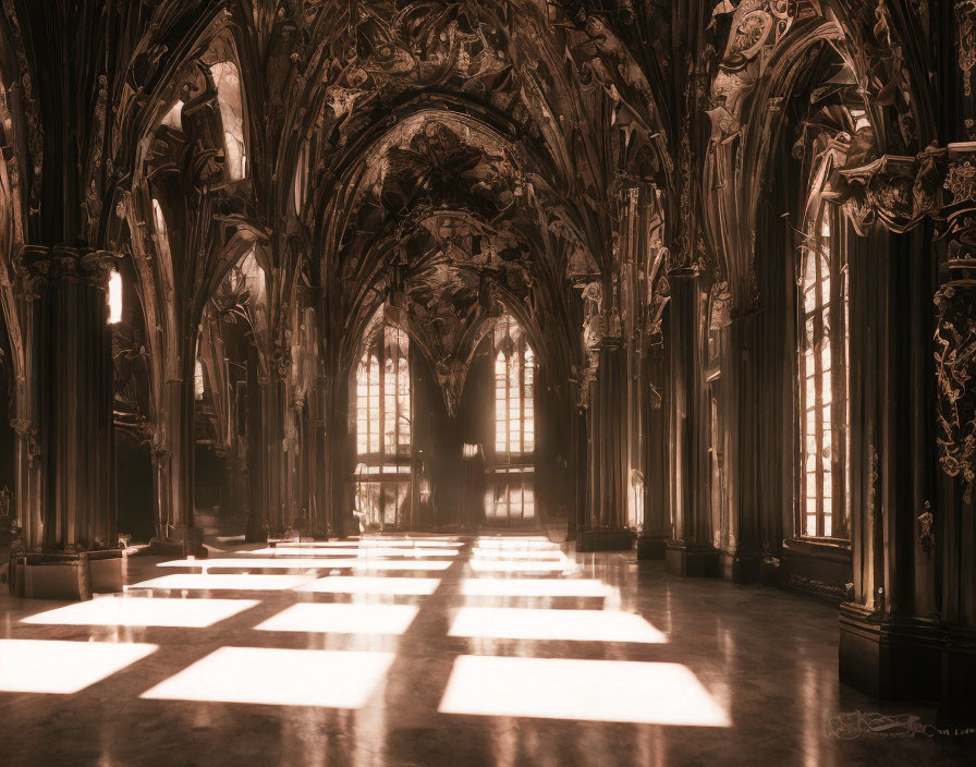 Gothic Church Interior with Ornate Arches and Sunlight Patterns