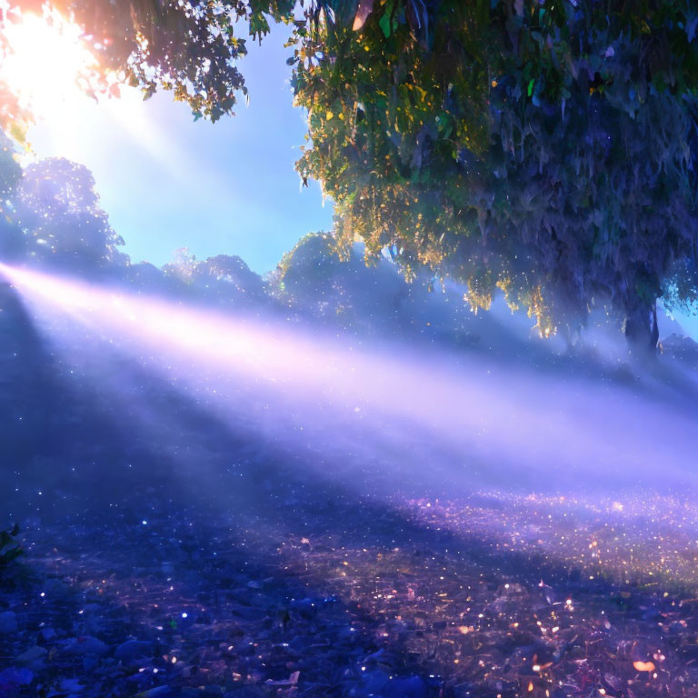 Sunlight through tree branches in misty forest with glowing particles