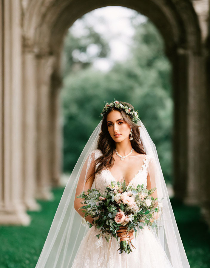 Bride in white dress with bouquet under floral archways