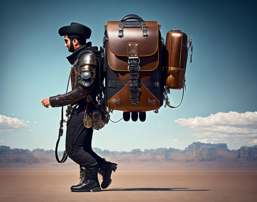 Steampunk-themed traveler with mechanical backpack crossing desert