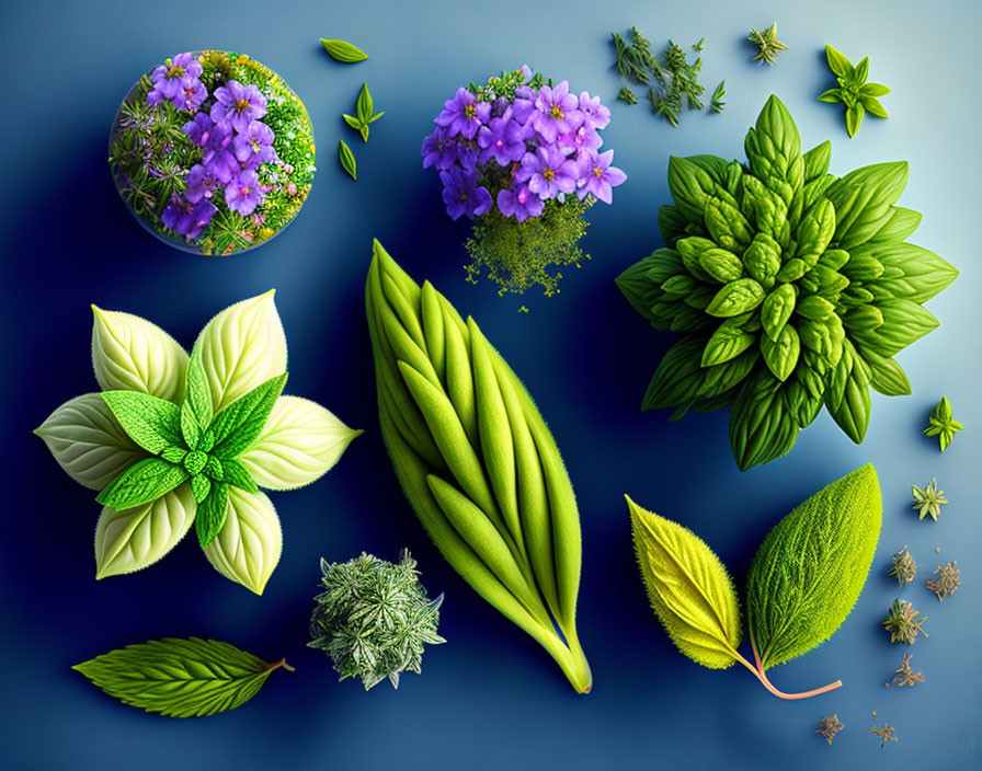 Artistic Collection of Plants and Leaves on Blue Background