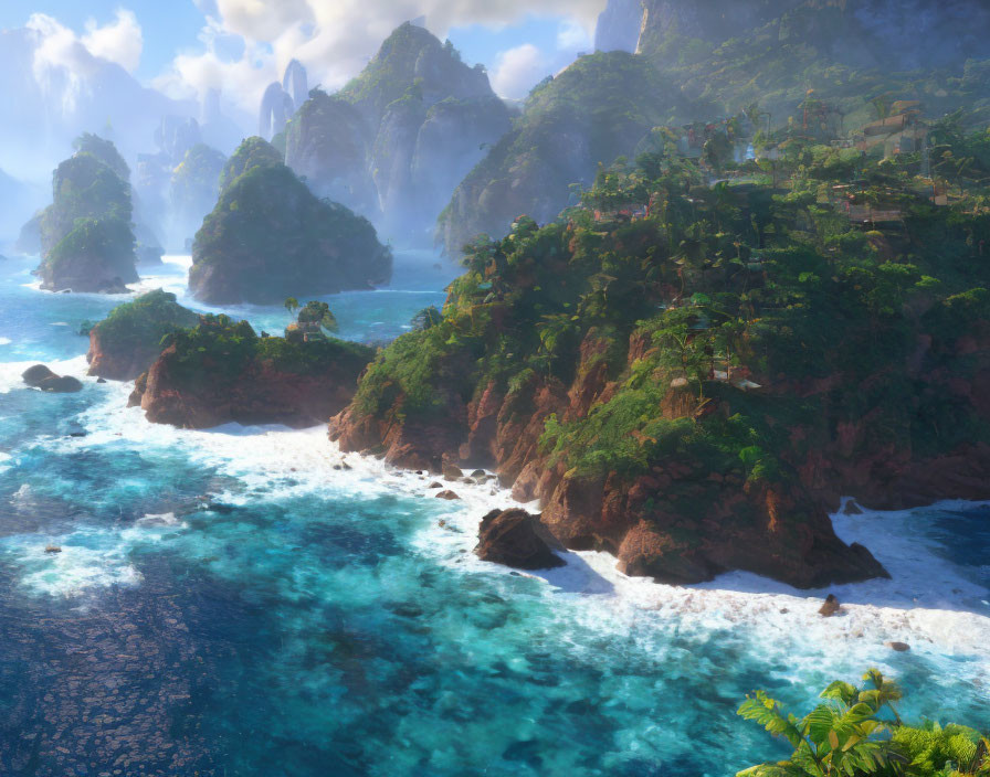 Lush green cliffs, clear blue water, crashing waves, misty mountains - Coastal Serenity