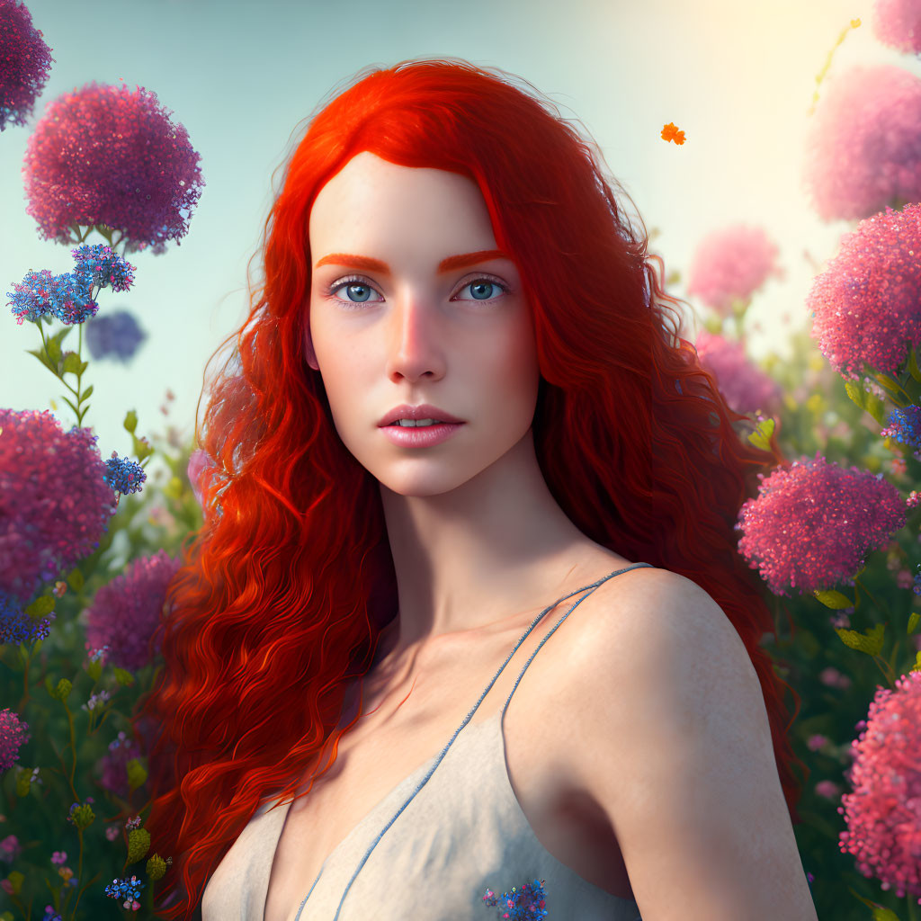 Vibrant red-haired woman in floral setting with butterfly