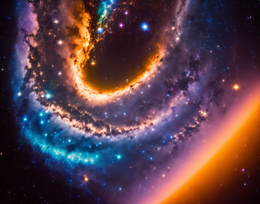 Vibrant cosmic scene with swirling galaxies and golden ring on dark background